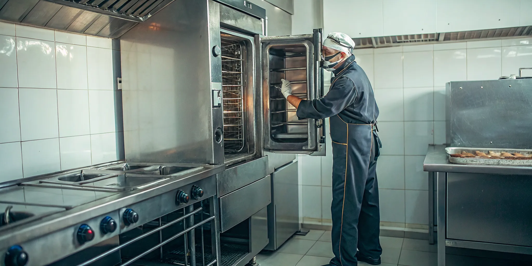 Technician diagnosing commercial kitchen equipment repair needs