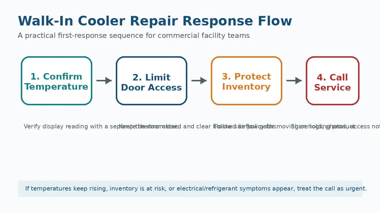 Walk in cooler repair response flow for confirming temperature, protecting inventory, and calling service