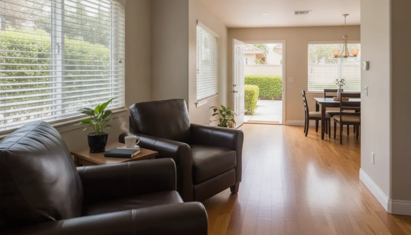Bright living room with two leather chairs and an open dining area.