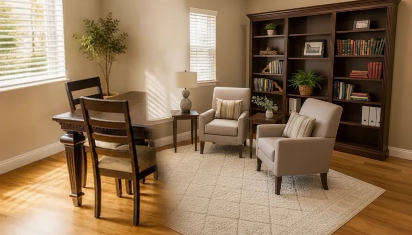 Counseling office with two armchairs, a bookshelf, and natural light for alcohol counseling.