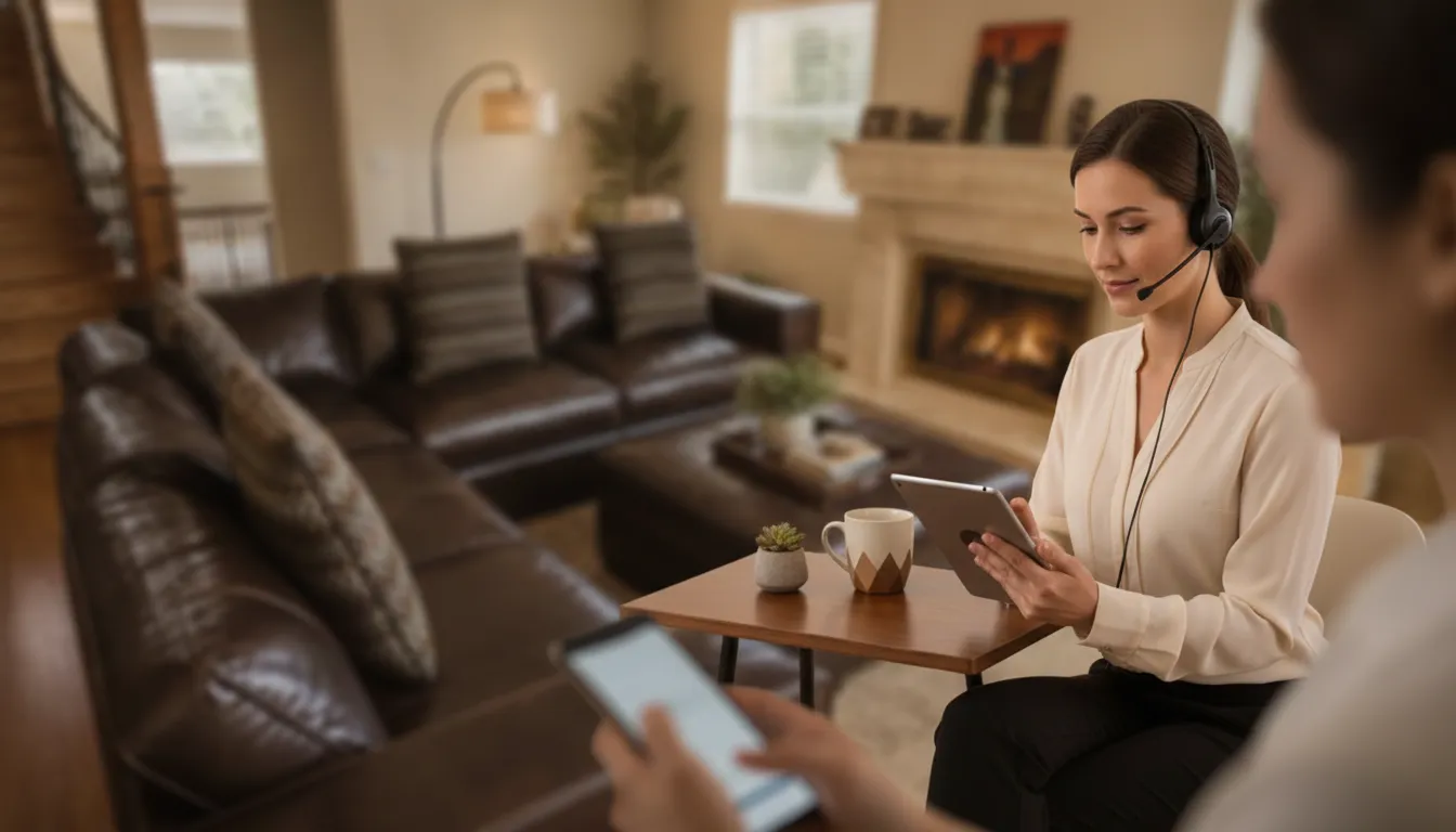 Woman using a tablet and headset to contact an alcohol helpline from home.