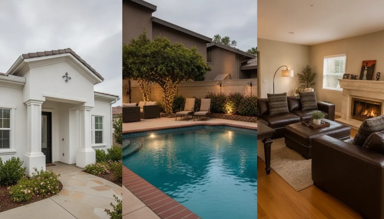 California substance abuse treatment facility exterior, pool, and living room.