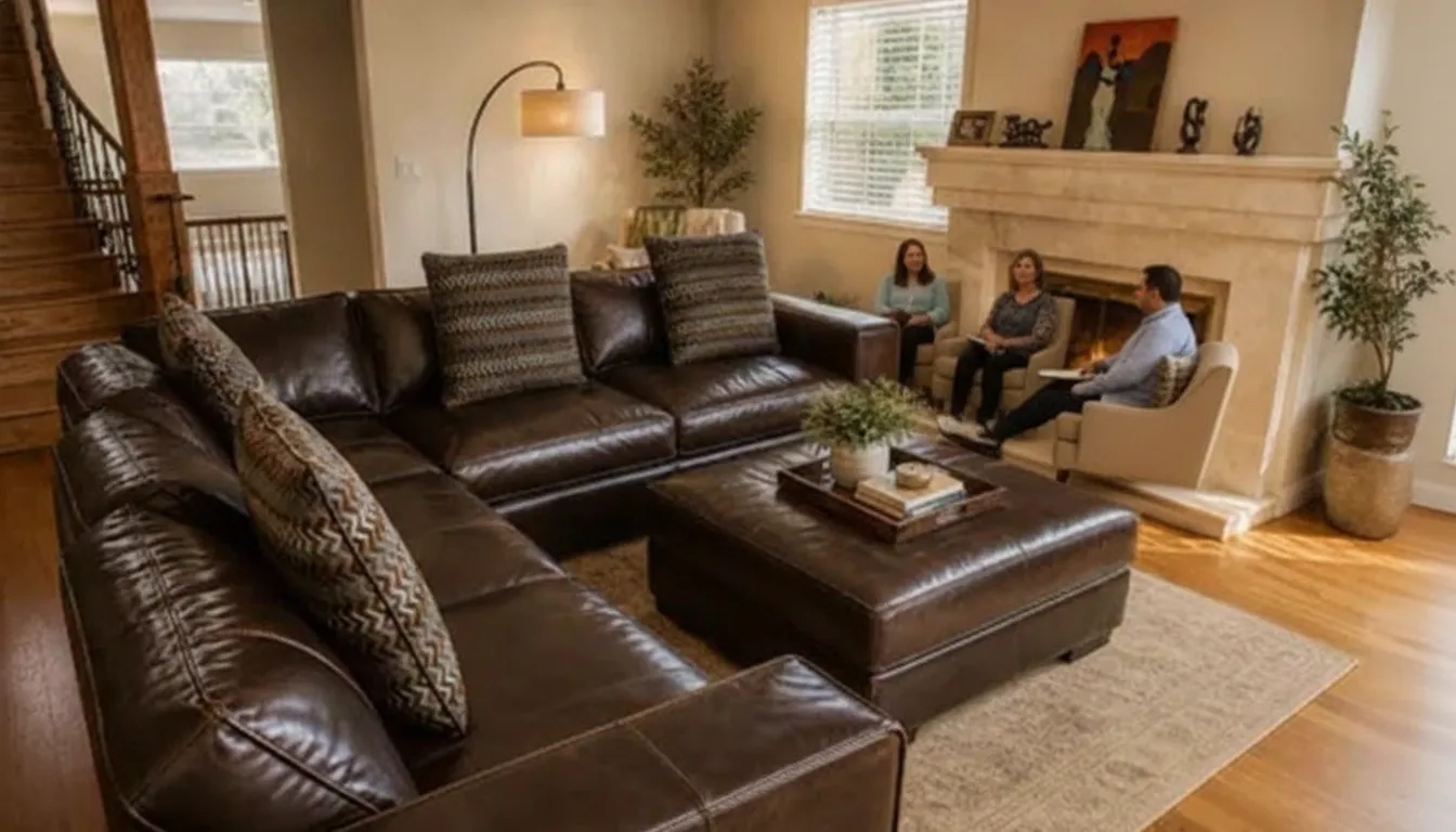 People talking in a modern living room near a fireplace at a dual diagnosis treatment center.