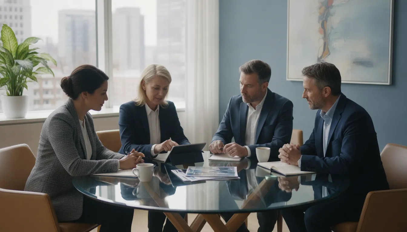 Business professionals discussing how to choose an alcohol addiction treatment center at a meeting table.
