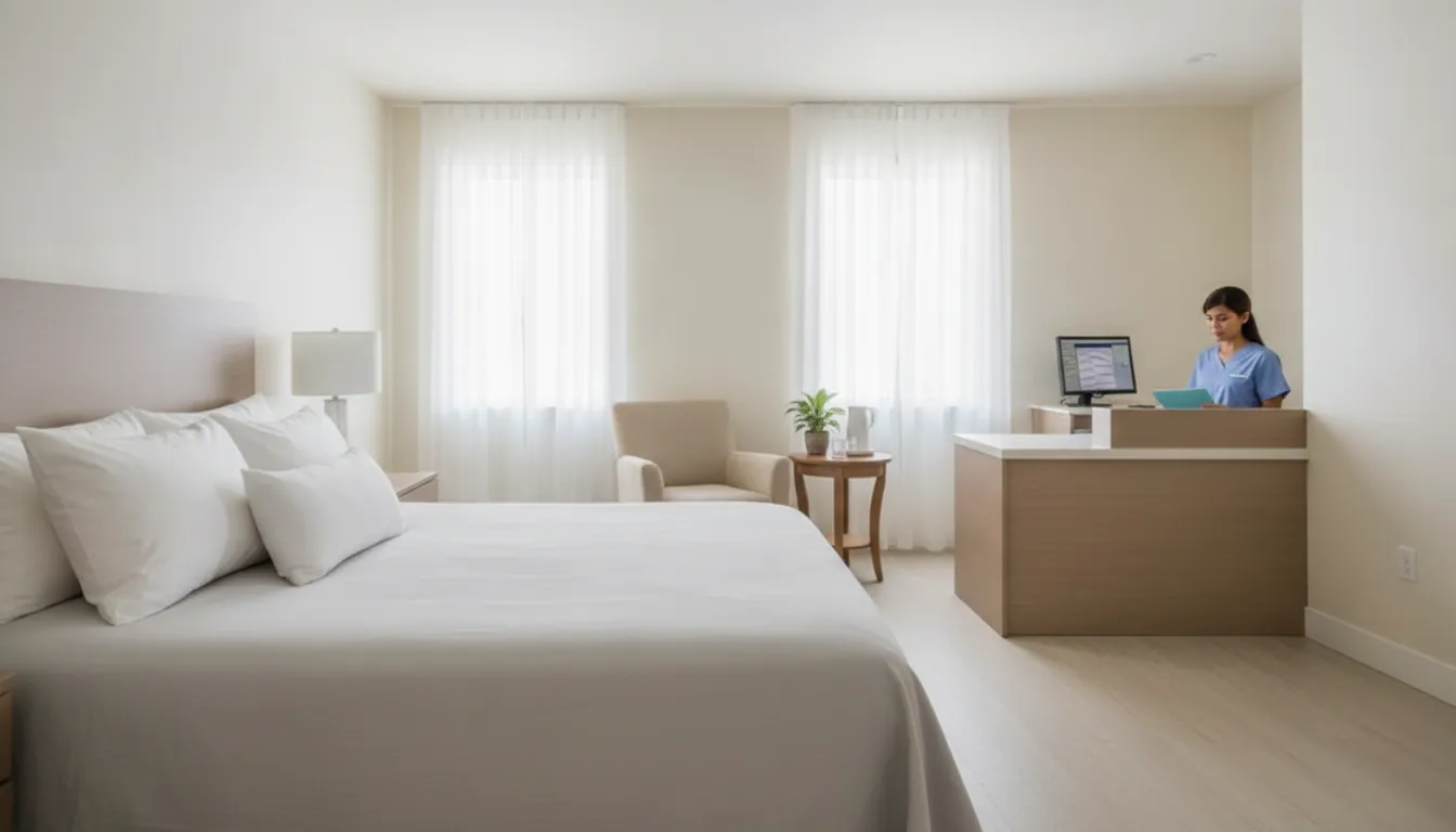 Modern room for medically supervised drug detox with nurse at desk and comfortable bed.