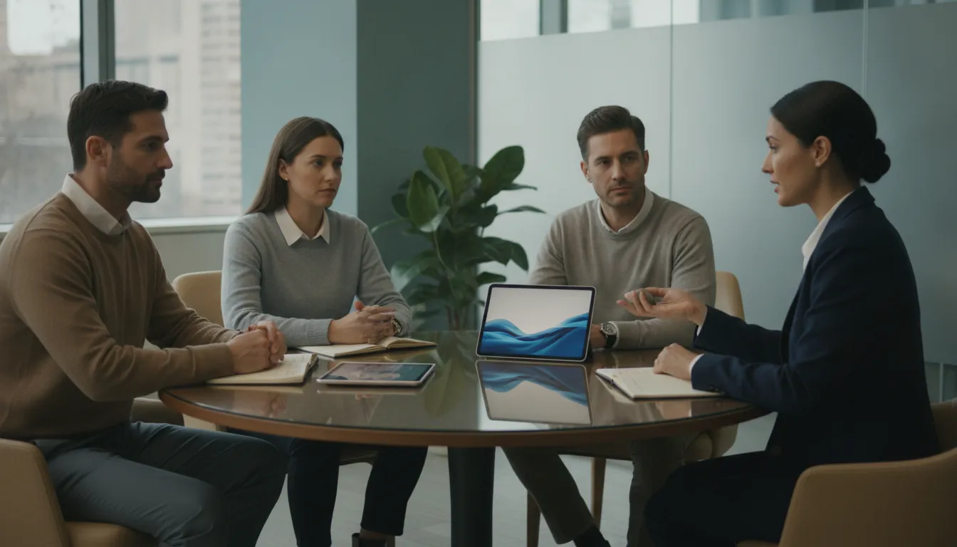 Four people discussing opioid addiction treatment programs in a group meeting.