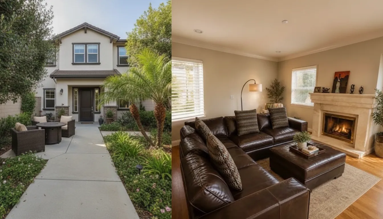 Residential drug and alcohol treatment center exterior and comfortable living room with fireplace.
