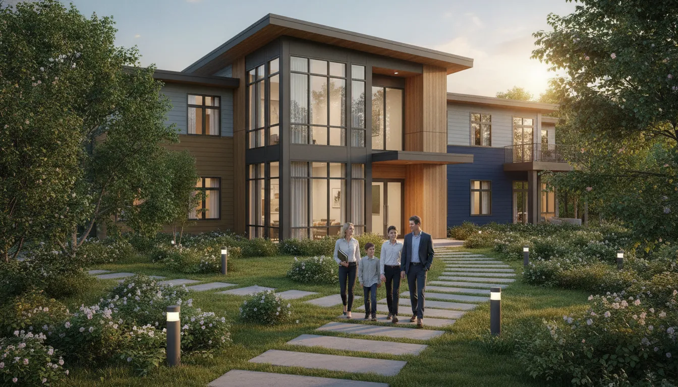 Residential mental health facility with a family walking along a landscaped path at sunset.