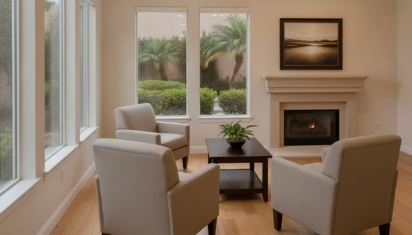Bright modern living room with comfortable chairs, large windows, and fireplace at a stimulant addiction treatment center.