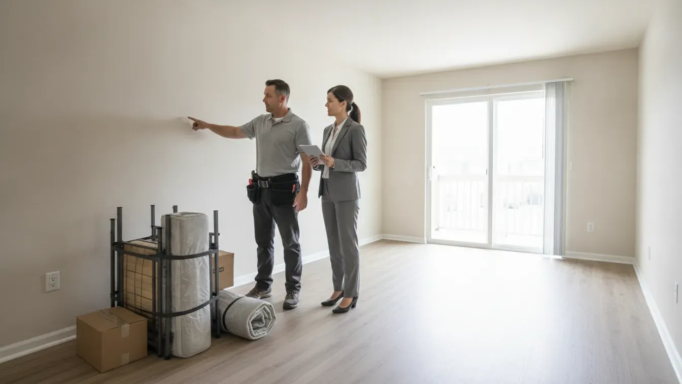 Property manager and maintenance professional reviewing an empty apartment after an eviction cleanout