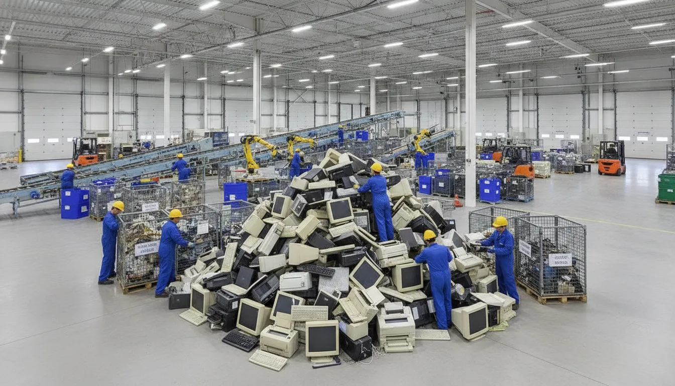 Old computer monitors, keyboards, and printers being organized for e-waste recycling in California
