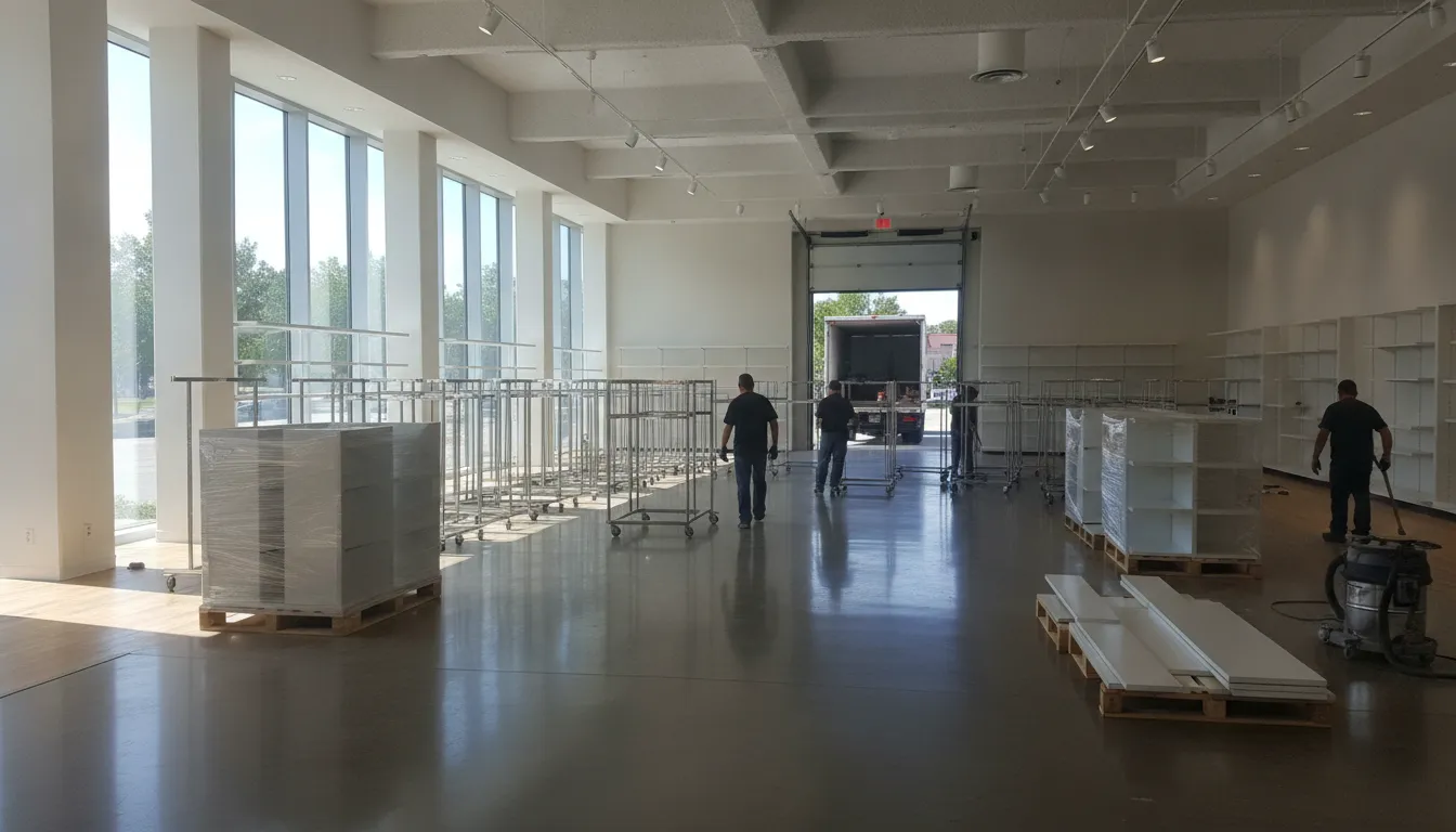 Professional retail store cleanout in progress on a spacious commercial floor