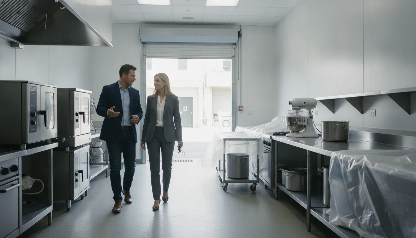 Restaurant owner and property manager reviewing commercial kitchen equipment before a lease turnover