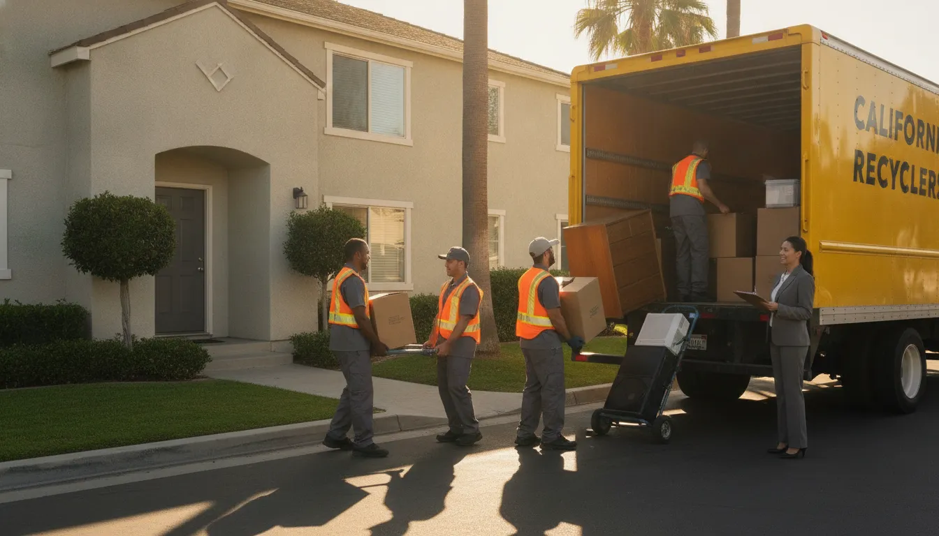 Junk removal crew loading furniture from a California apartment into a truck