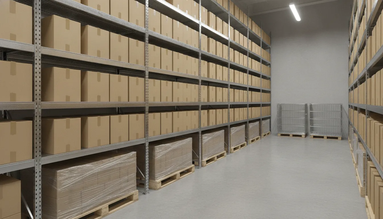 Commercial store fixtures and metal racks organized during a store cleanout