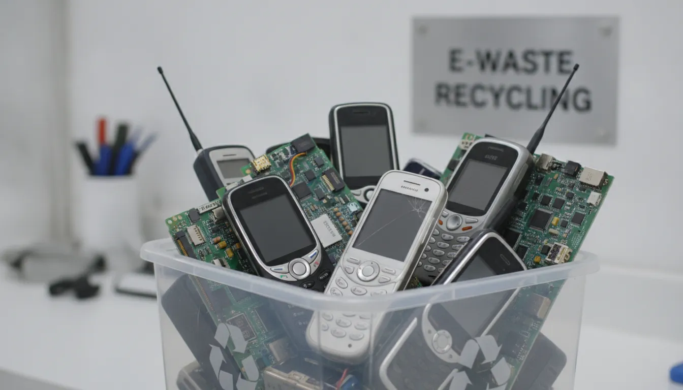 Close-up of old cellphones and circuit boards in an e-waste recycling bin