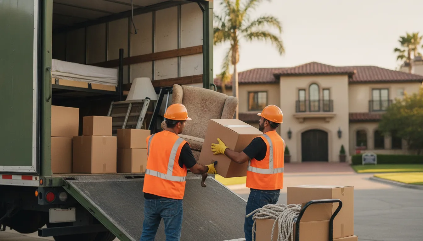 Professional junk removal truck being loaded during a San Diego estate cleanout
