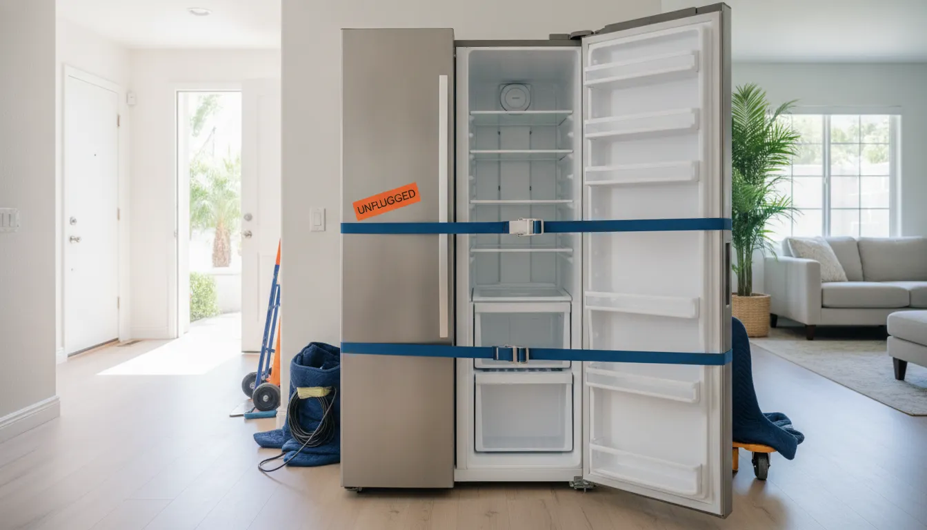 Refrigerator disconnected and prepared for appliance removal pickup