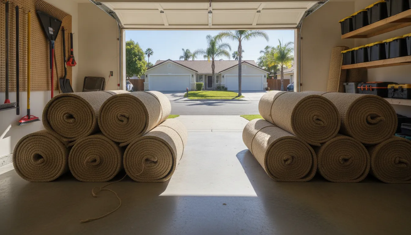 Rolled carpet bundles staged for safe carpet disposal