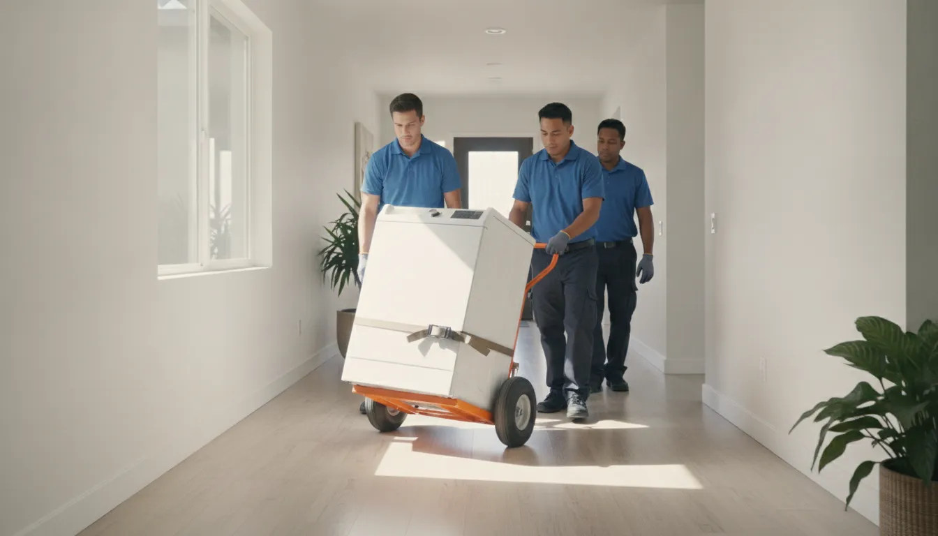 Professional crew moving a washing machine along a clear appliance removal path