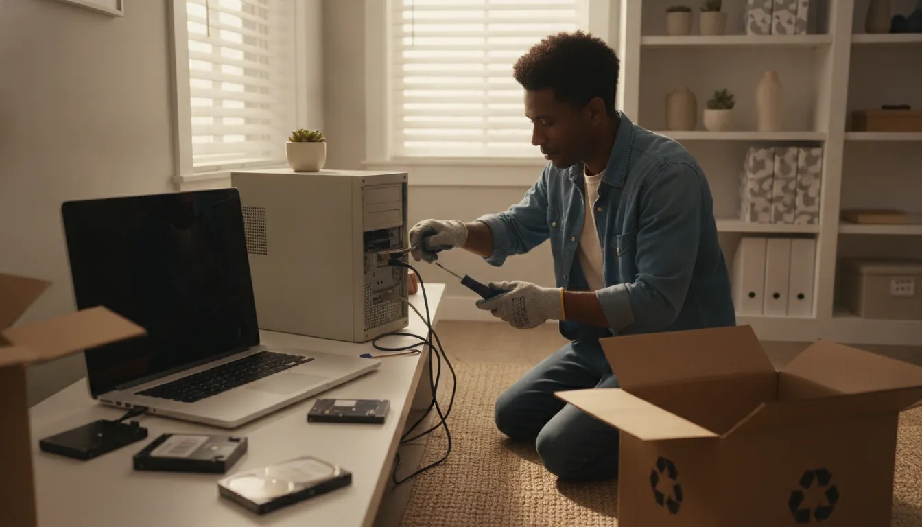 Person preparing an old computer for secure data wiping before disposal