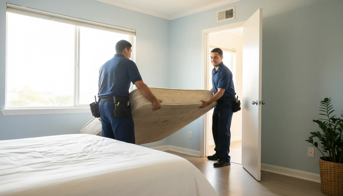 Mattress removal San Diego crew carrying an old mattress from a bedroom