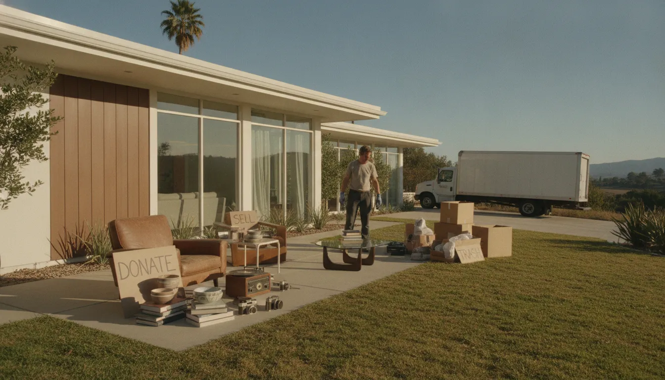 Homeowner sorting furniture and household items for moving junk removal