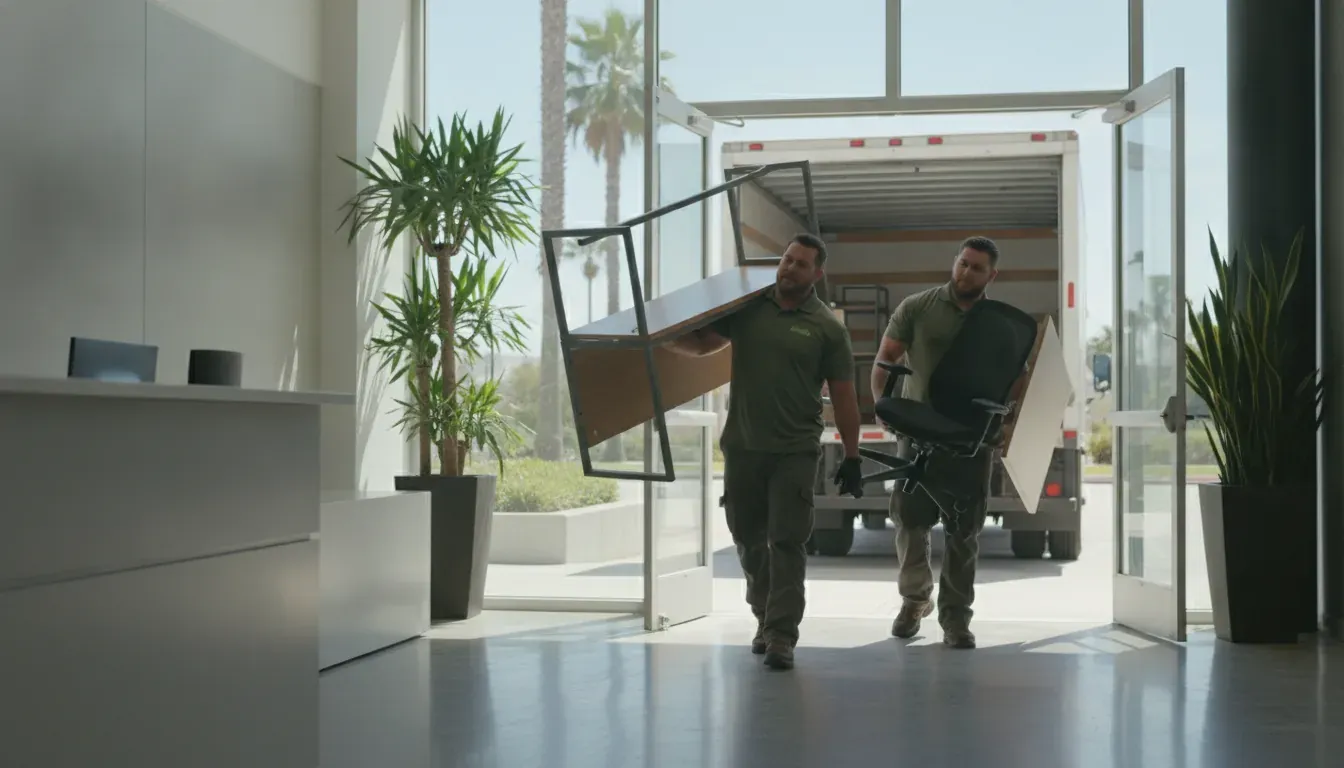 Crew removing office furniture during a commercial office cleanout in California