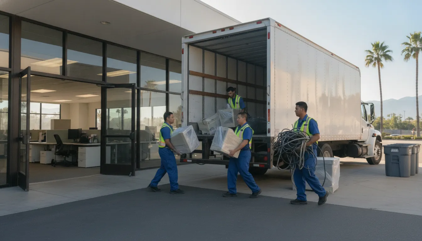 Crew loading old office computers for responsible e-waste removal