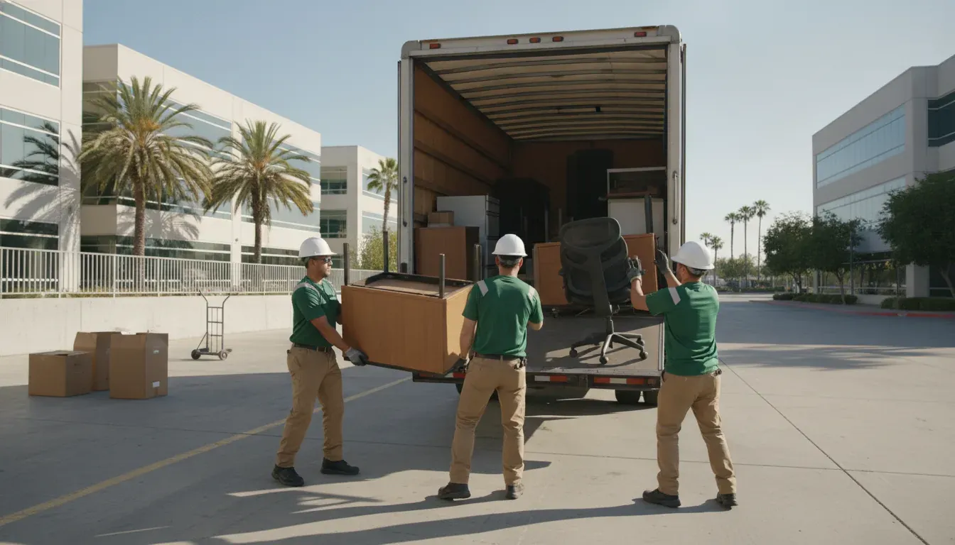 Junk removal team loading office desks and chairs at a commercial loading dock in California