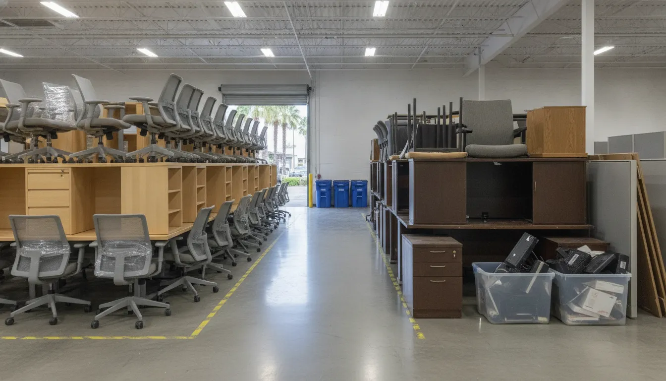 Reusable desks and chairs sorted before office furniture removal