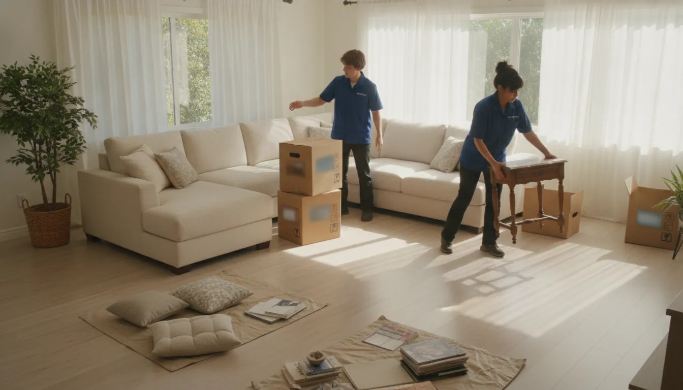Two crew members sorting a homeowner's items into keep and donate piles during a California moving cleanout