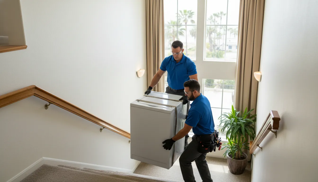 Appliance removal San Diego crew carrying a washer down stairs safely