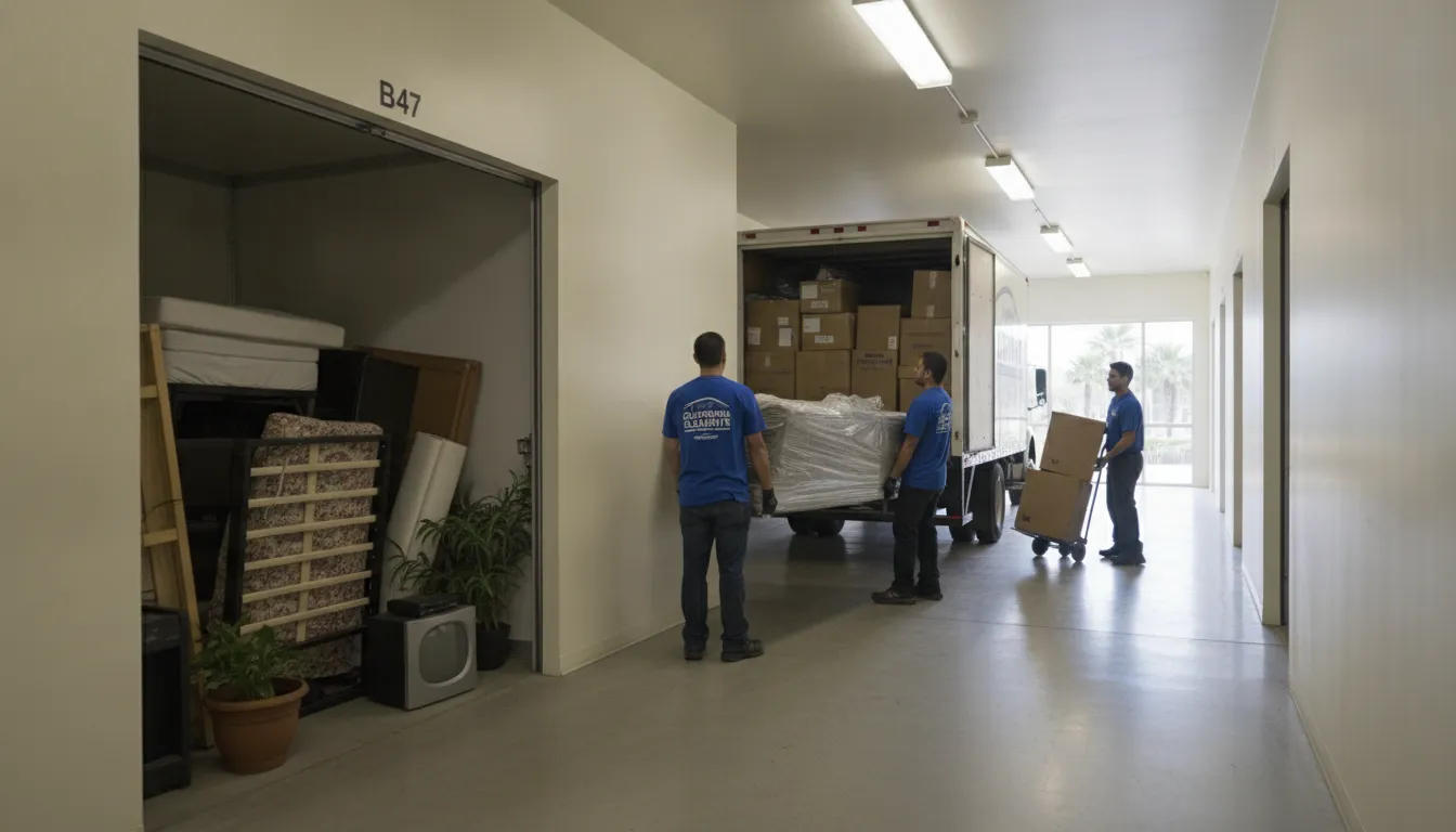 Professional junk removal crew loading furniture and boxes from a storage unit hallway into a truck