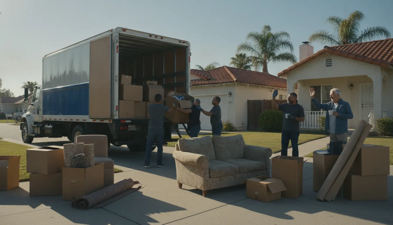 A professional junk removal truck parked outside a sunny California home during a moving cleanout