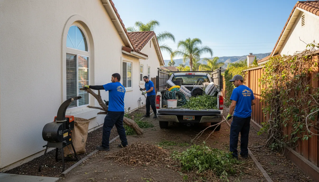 Vets Move Junk crew clearing yard waste from a California side yard