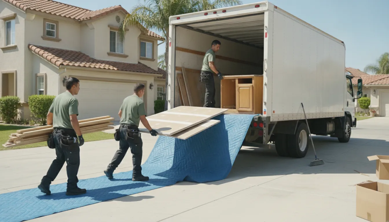 Junk removal crew loading drywall, lumber, and a cabinet into a truck outside a California home