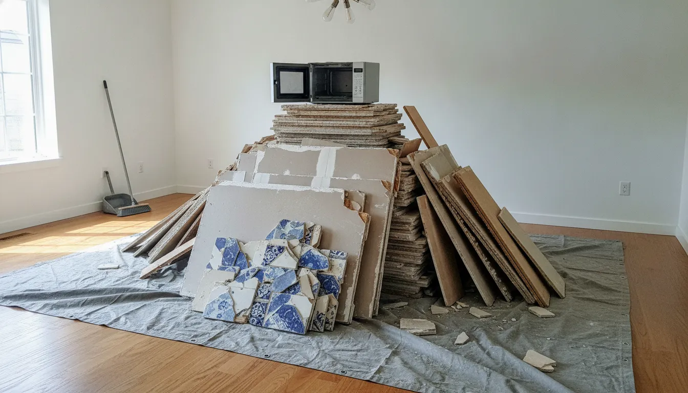 Staged renovation debris including drywall, wood planks, tile, and a small appliance on a tarp in a bright room