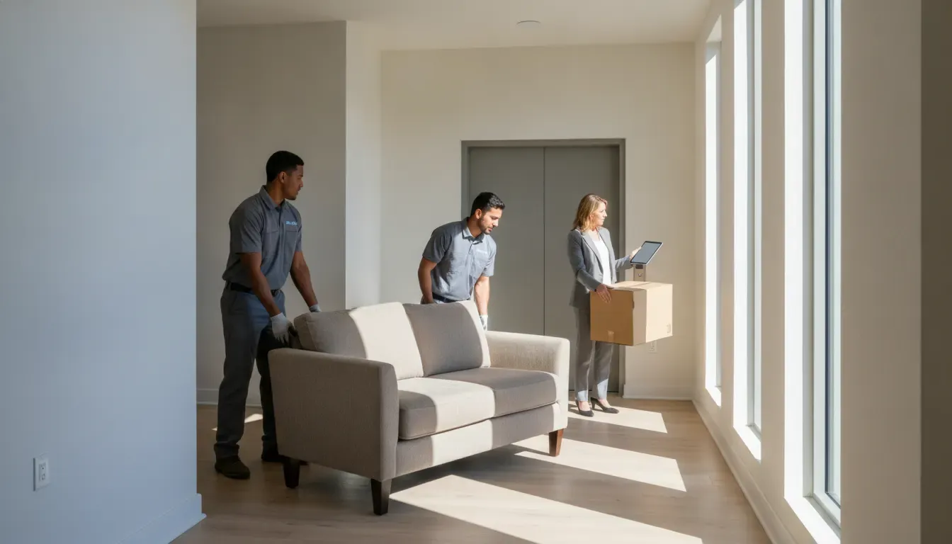 Professional apartment junk removal team carrying furniture in an Orange County building