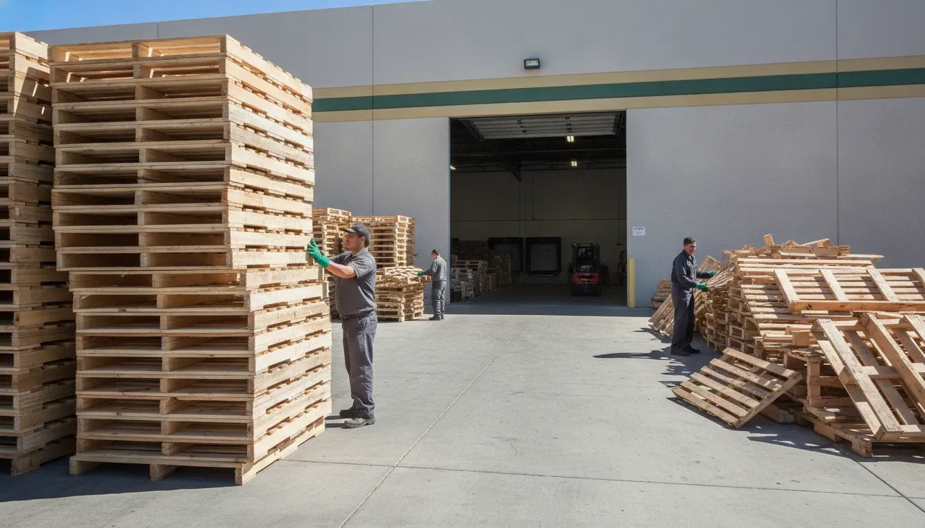 Workers sorting wooden pallets by condition at a California warehouse