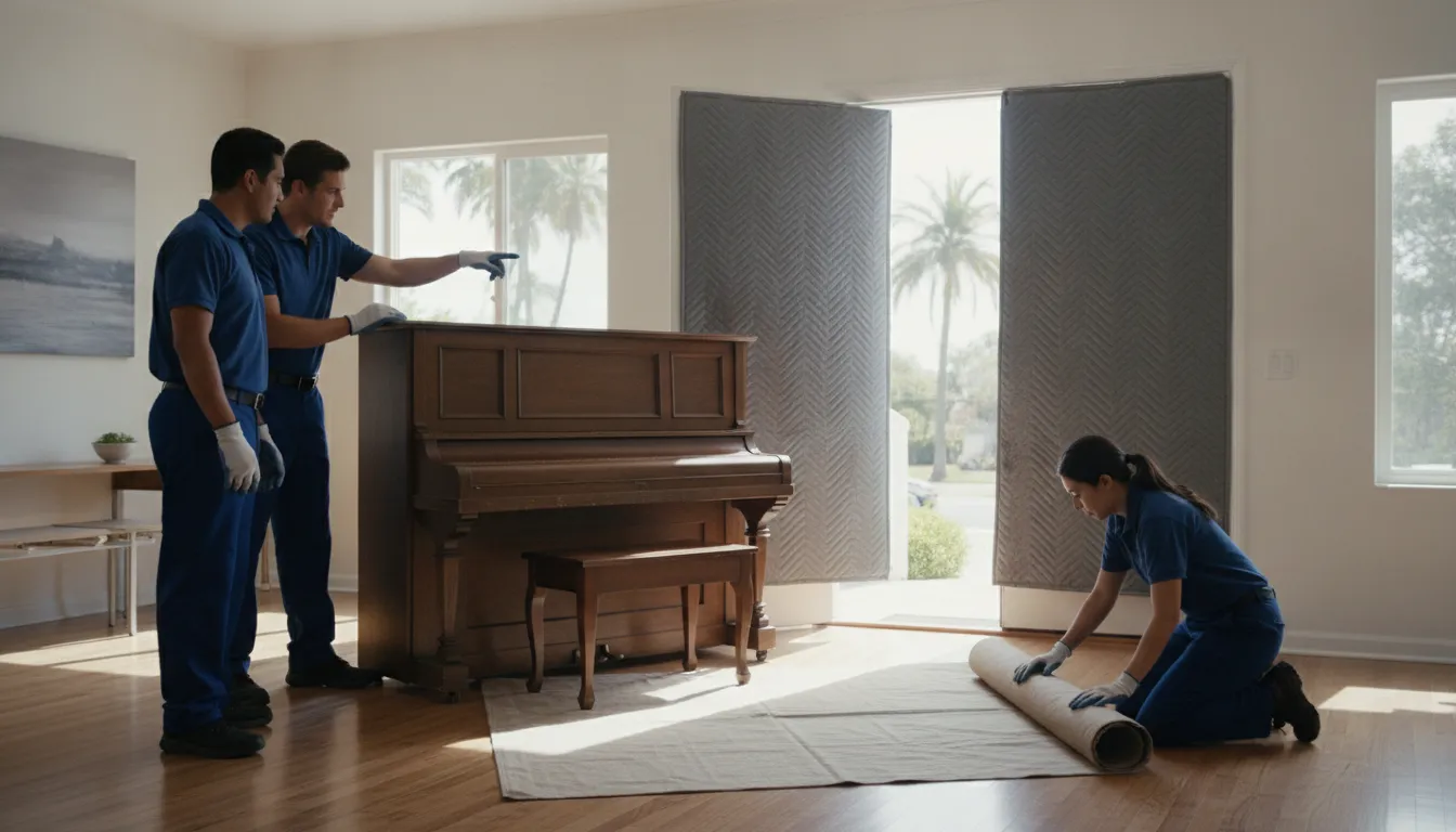 Crew assessing doorway access that can affect piano removal cost