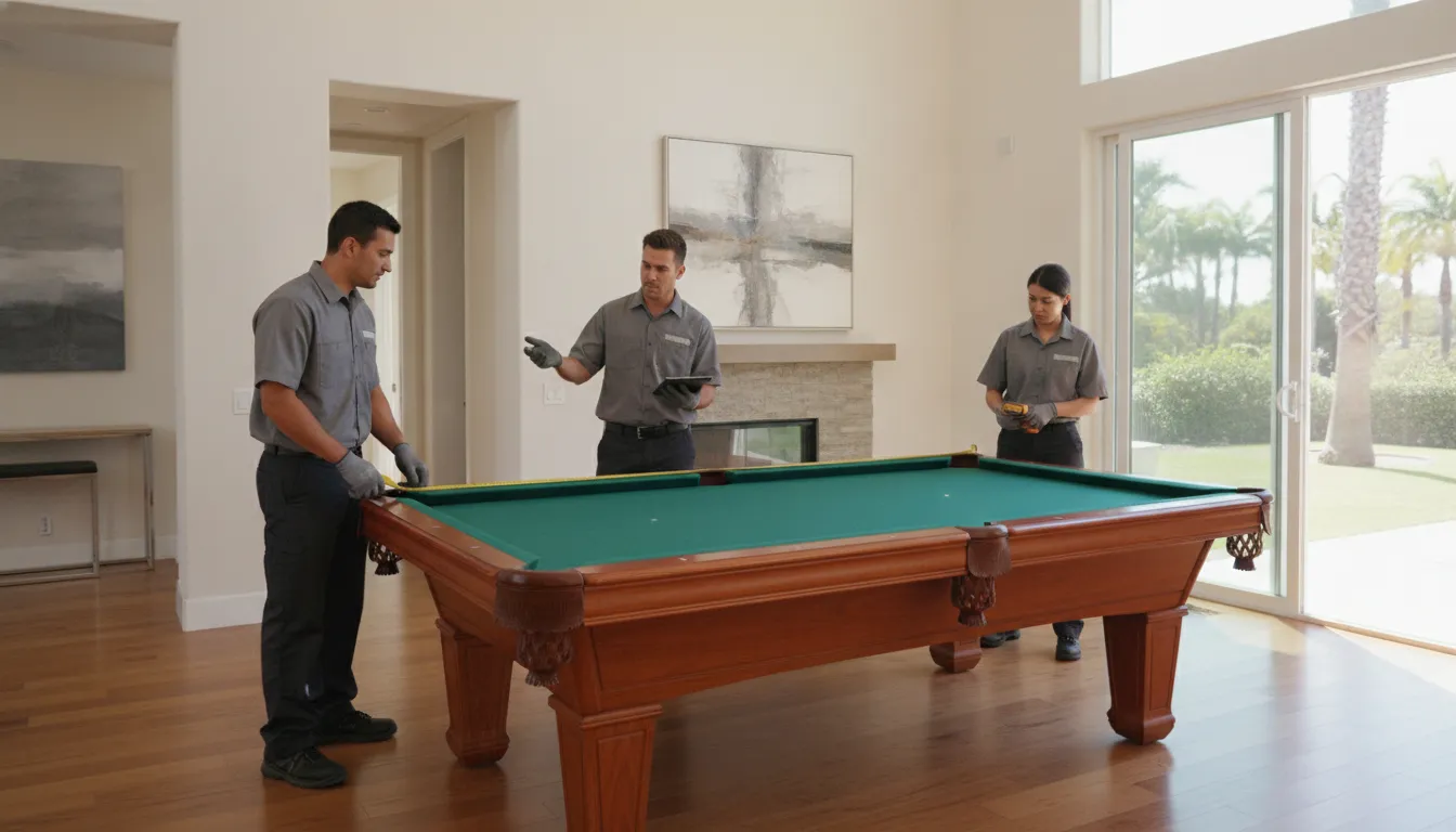 Professional team assessing a pool table removal route