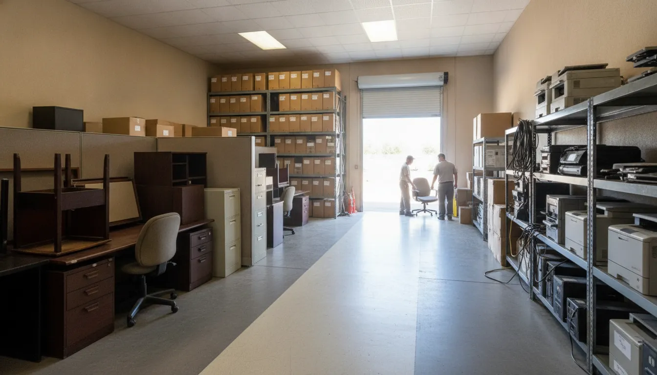 Organized commercial storage room with clear loading path prepared for a business junk removal estimate