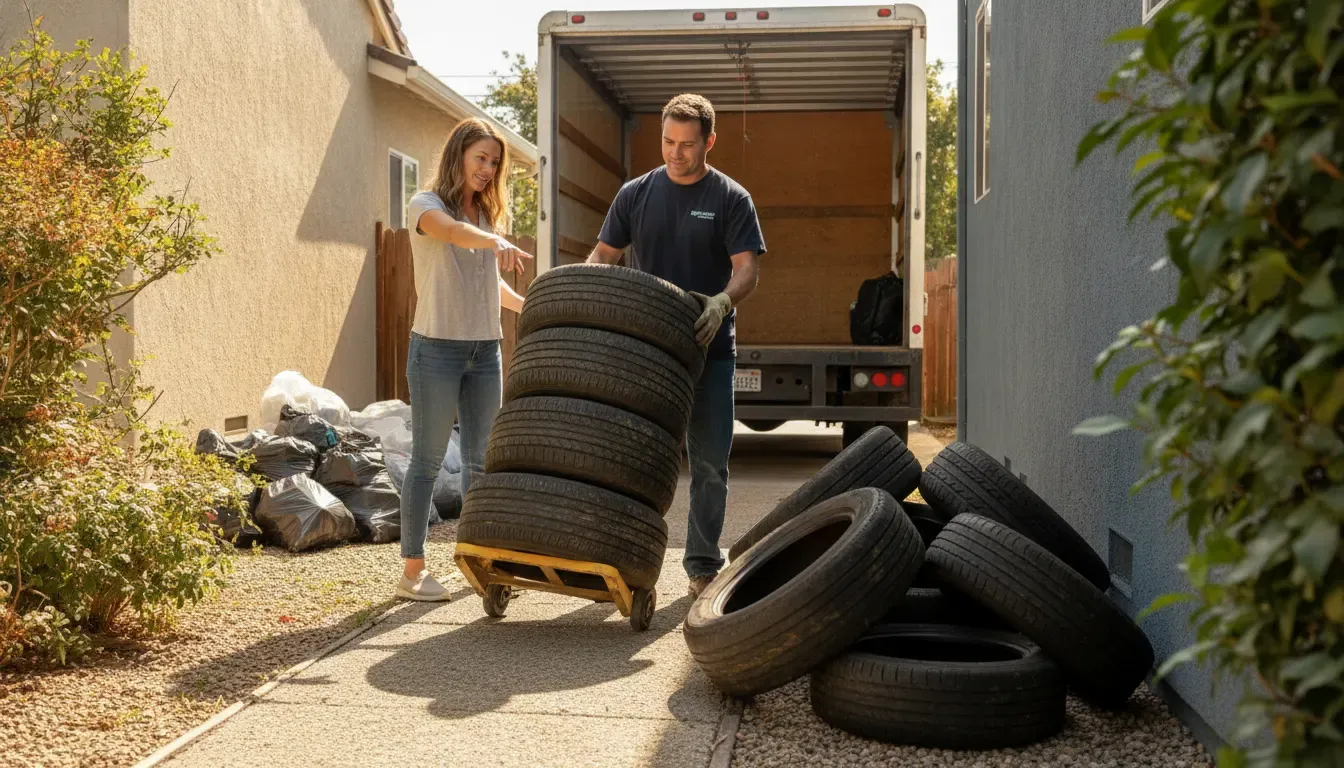 Homeowner preparing old tires for safe recycling or removal