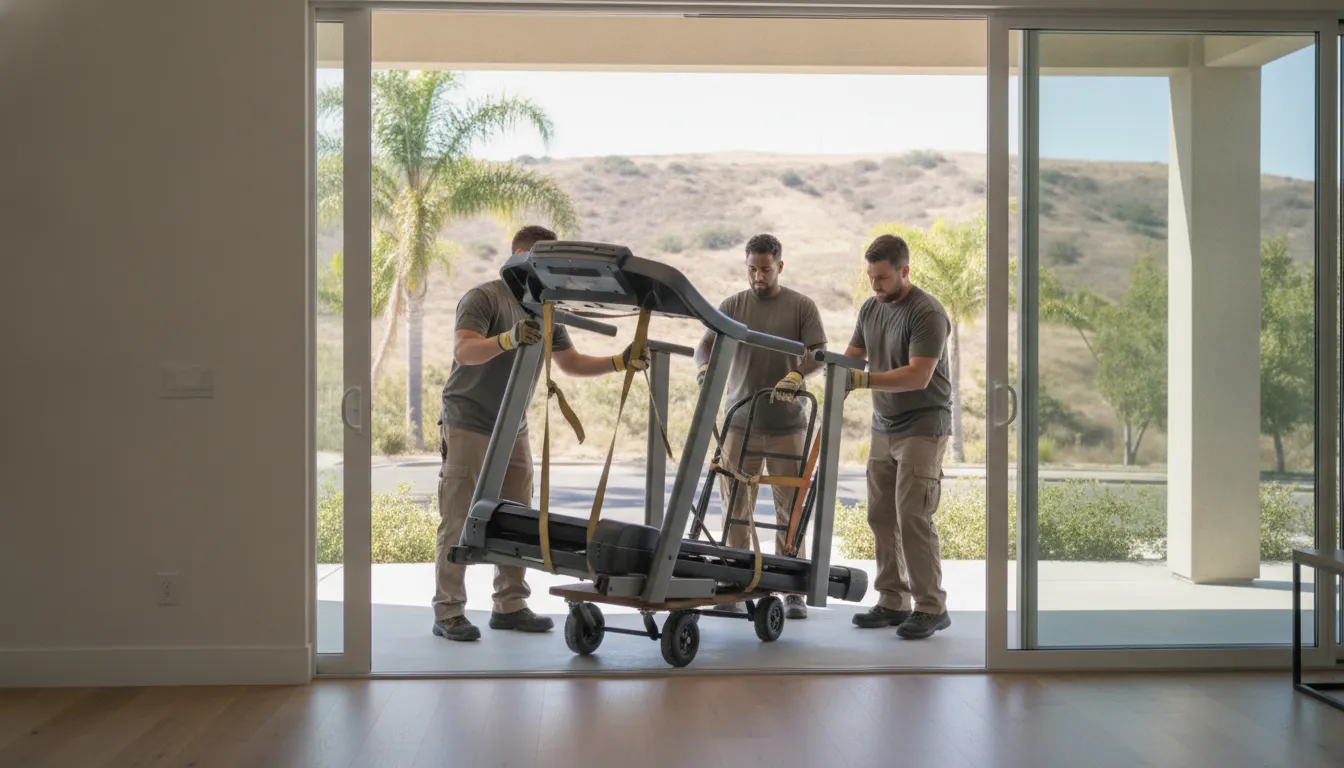 Two-person crew using straps to move a treadmill through a doorway for disposal