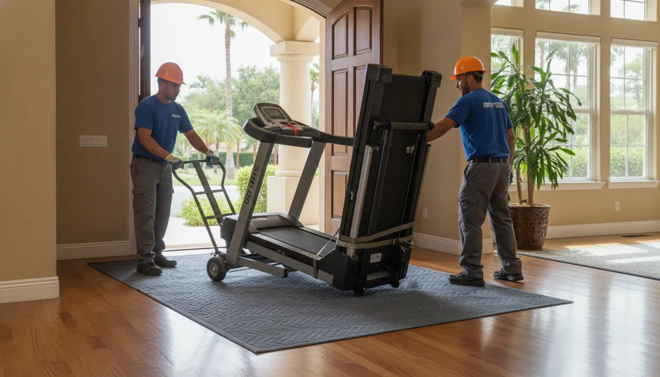 Professional crew completing treadmill removal with an appliance dolly