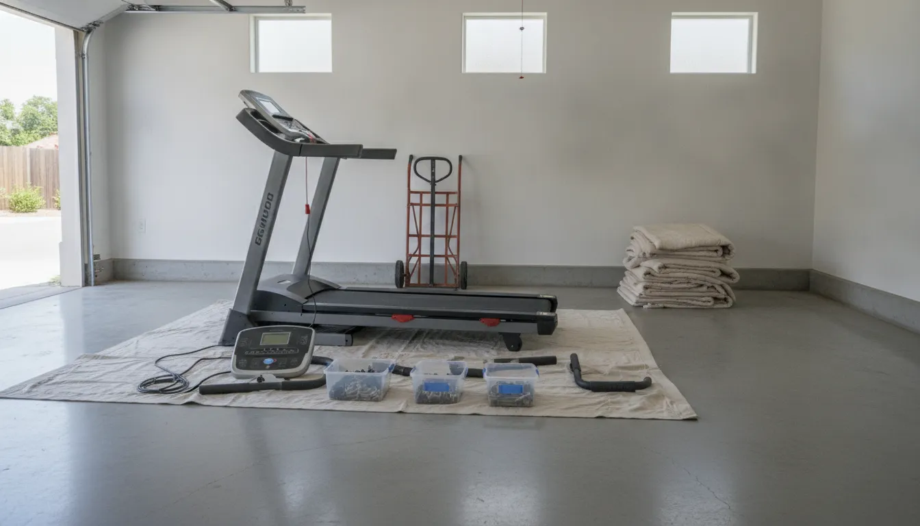 Treadmill removal preparation with fitness equipment partly disassembled