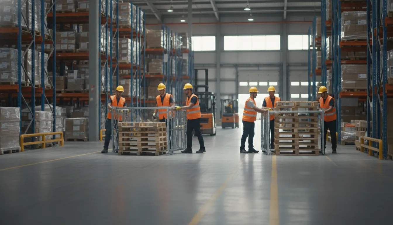 Commercial warehouse junk removal crew moving pallets and shelving