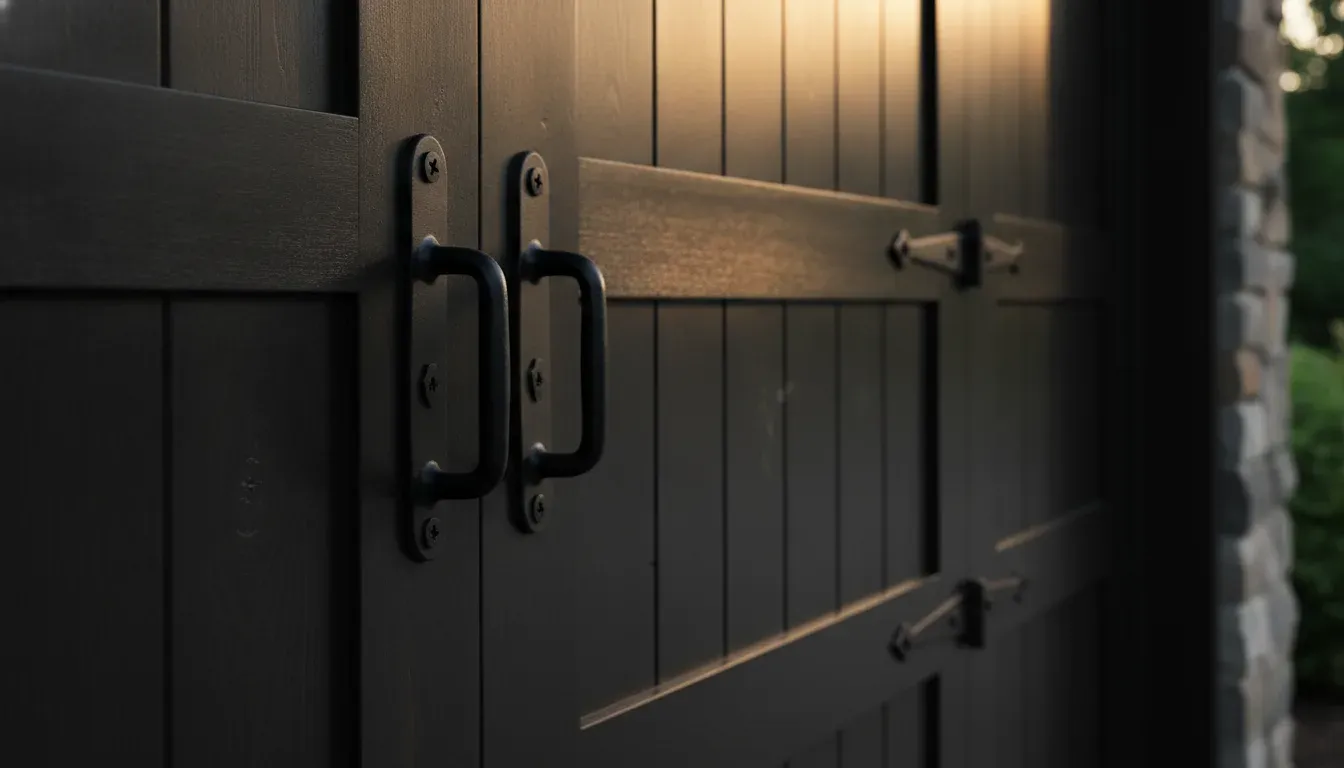 Close-up of grain and hardware on a black wood garage door