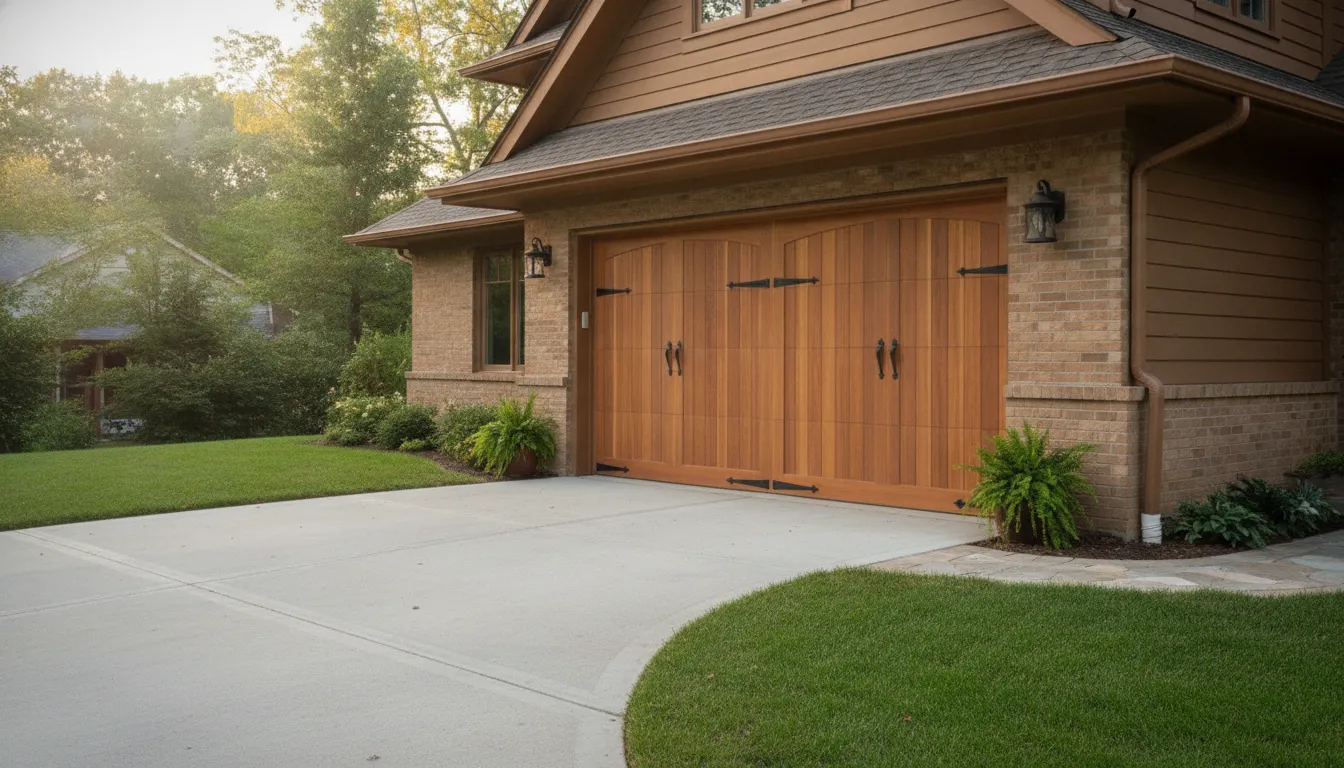 Western red cedar garage door installed on a brick craftsman home